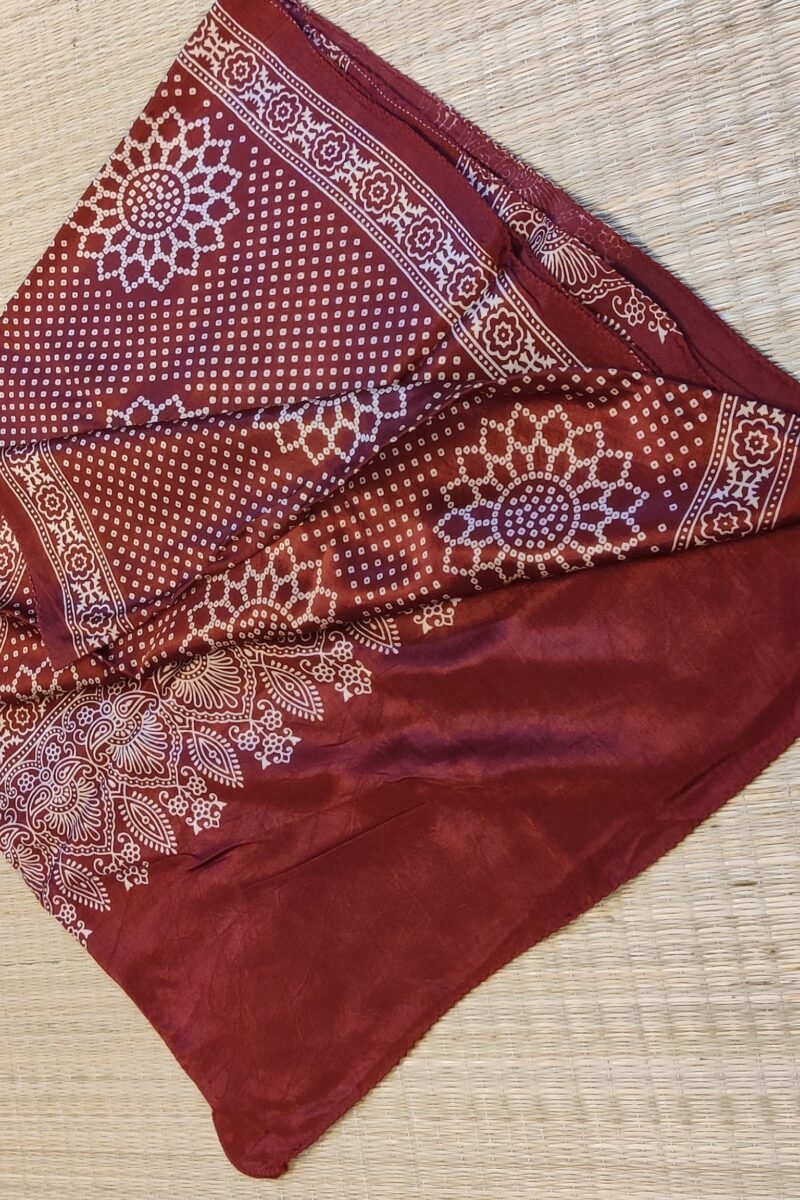 Dreamy Drapes - Maroon Modal Silk Bandhani-Ajrakh Fusion Stole with Cream Floral Motifs - Image 8