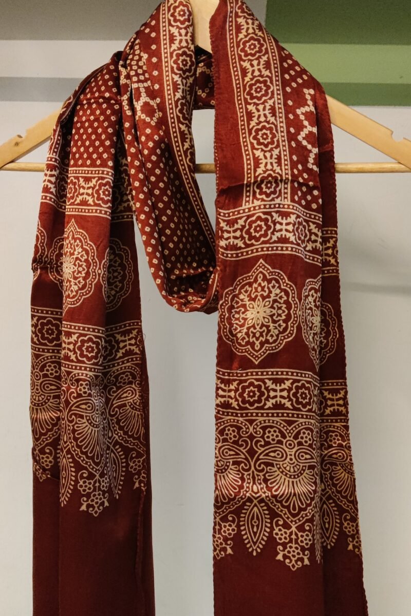 Dreamy Drapes - Maroon Modal Silk Bandhani-Ajrakh Fusion Stole with Cream Floral Motifs