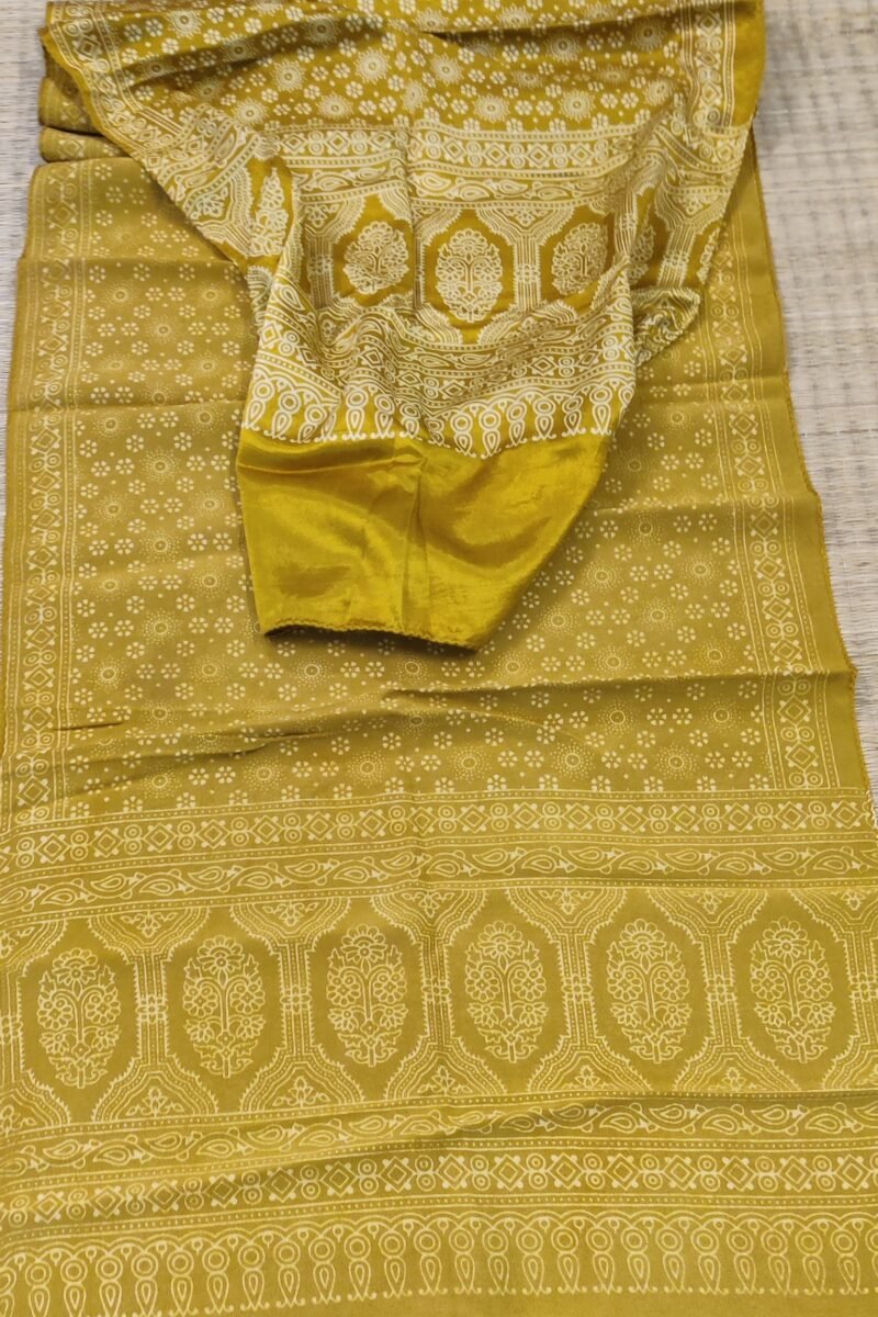 Dreamy Drapes - Mustard Yellow Modal Silk Ajrakh Stole with White 5-Petal Florals and Circular Motifs - Image 2
