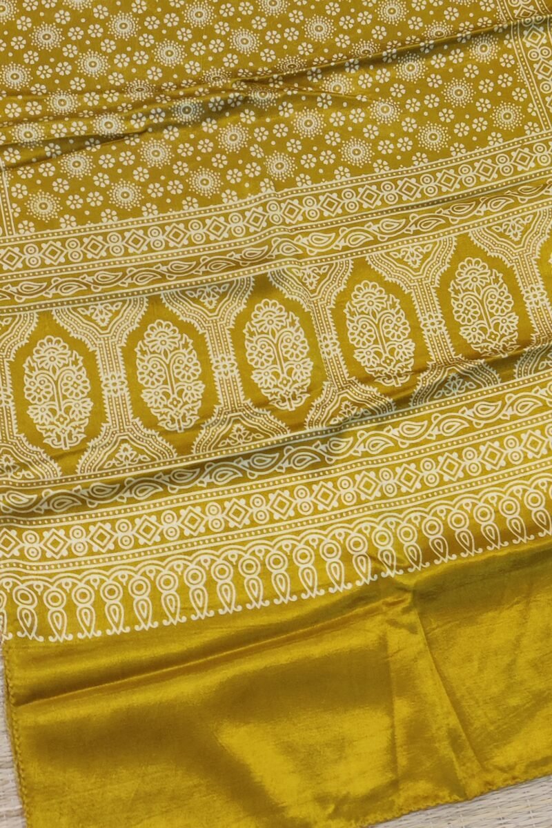 Dreamy Drapes - Mustard Yellow Modal Silk Ajrakh Stole with White 5-Petal Florals and Circular Motifs - Image 3