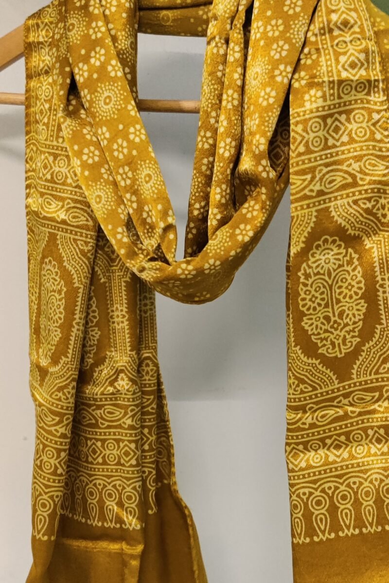 Dreamy Drapes - Mustard Yellow Modal Silk Ajrakh Stole with White 5-Petal Florals and Circular Motifs - Image 4