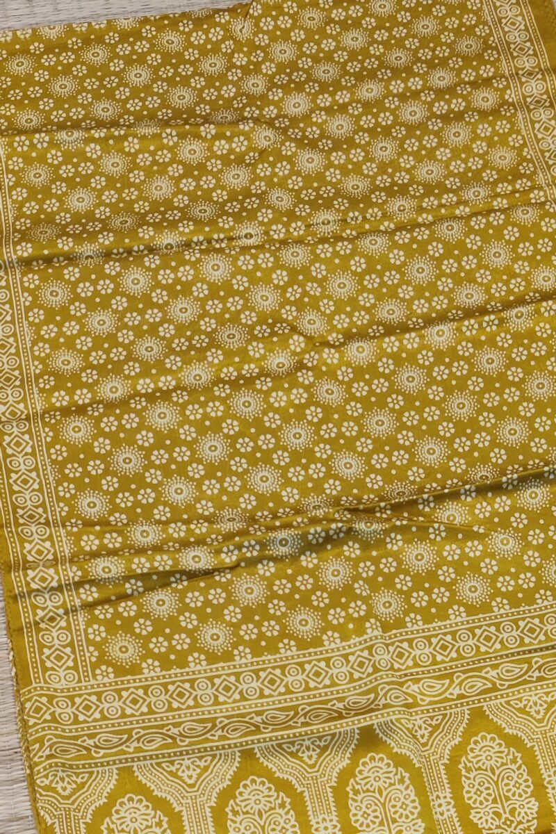 Dreamy Drapes - Mustard Yellow Modal Silk Ajrakh Stole with White 5-Petal Florals and Circular Motifs - Image 5