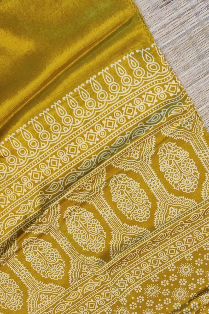 Dreamy Drapes - Mustard Yellow Modal Silk Ajrakh Stole with White 5-Petal Florals and Circular Motifs - Image 6