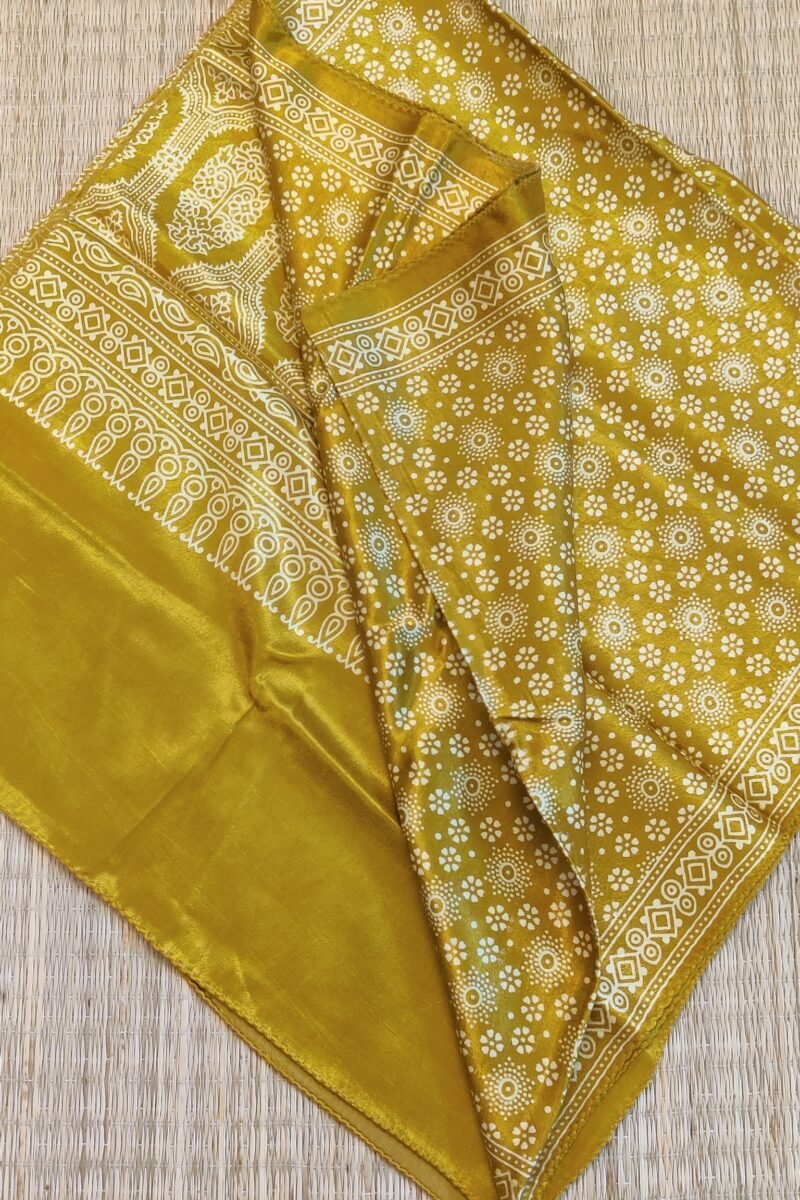 Dreamy Drapes - Mustard Yellow Modal Silk Ajrakh Stole with White 5-Petal Florals and Circular Motifs - Image 7