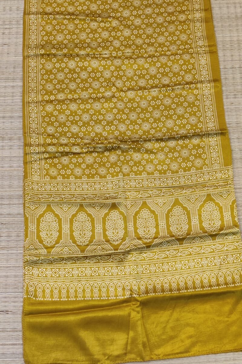 Dreamy Drapes - Mustard Yellow Modal Silk Ajrakh Stole with White 5-Petal Florals and Circular Motifs - Image 8