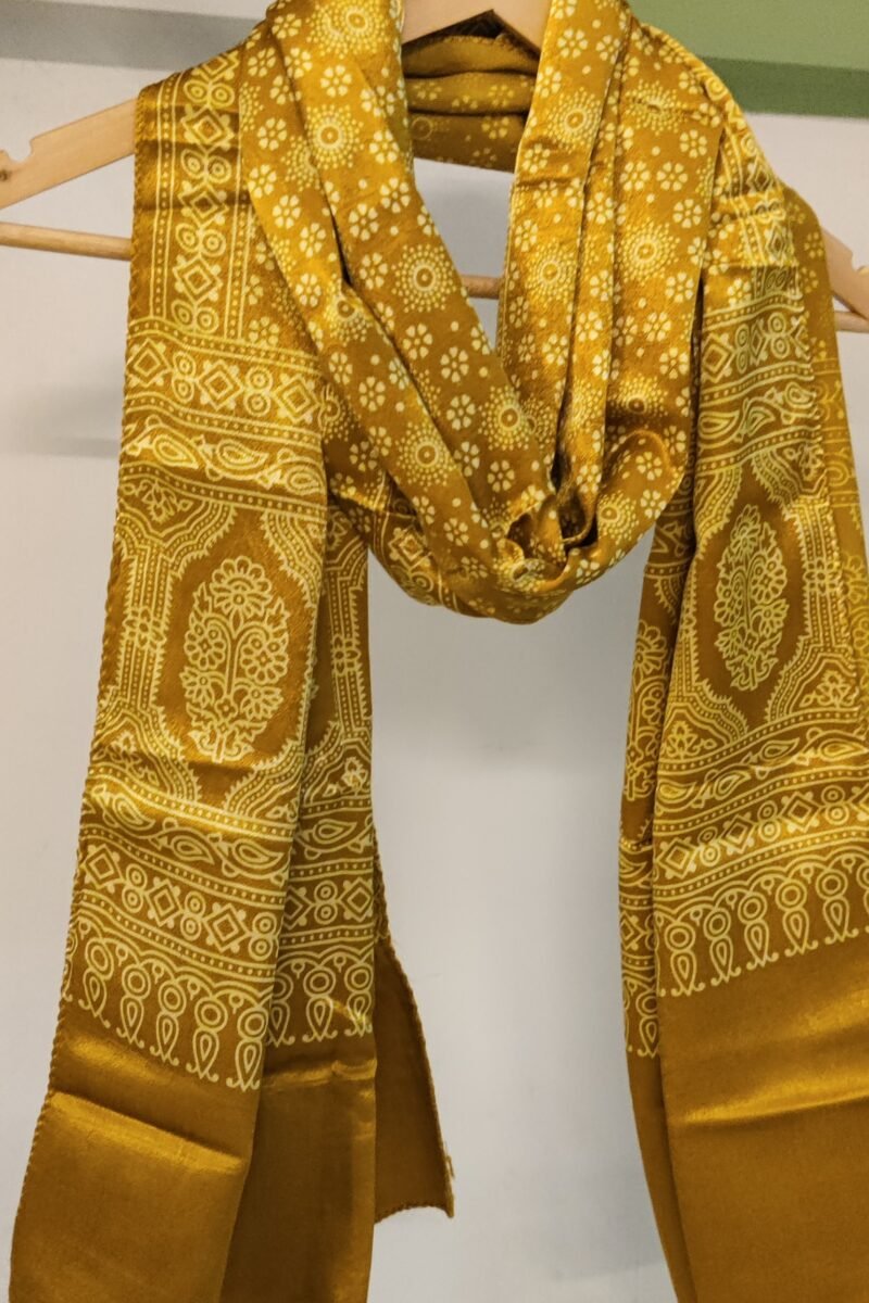 Dreamy Drapes - Mustard Yellow Modal Silk Ajrakh Stole with White 5-Petal Florals and Circular Motifs