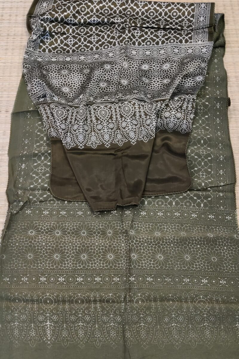 Dreamy Drapes - Olive Green Modal Silk Honeycomb Ajrakh Stole with White Spade Leaf Motifs - Image 2