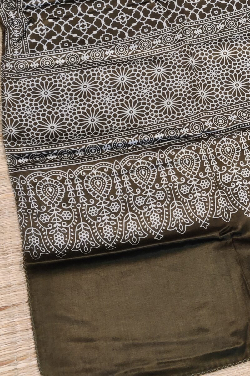 Dreamy Drapes - Olive Green Modal Silk Honeycomb Ajrakh Stole with White Spade Leaf Motifs - Image 3