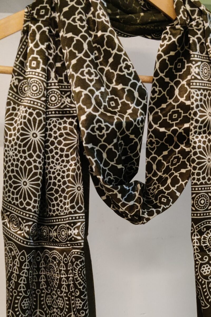 Dreamy Drapes - Olive Green Modal Silk Honeycomb Ajrakh Stole with White Spade Leaf Motifs - Image 4