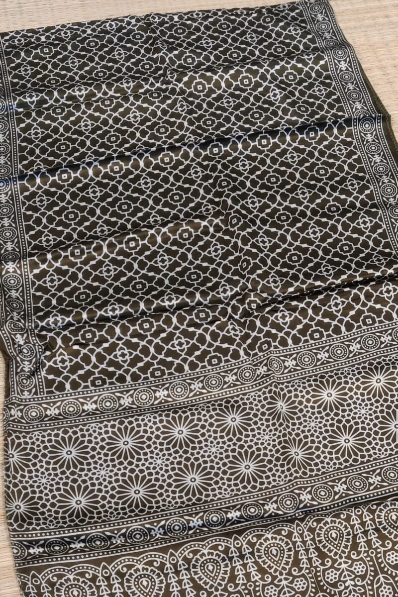 Dreamy Drapes - Olive Green Modal Silk Honeycomb Ajrakh Stole with White Spade Leaf Motifs - Image 5