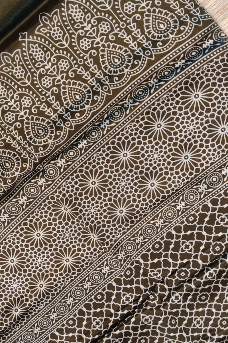 Dreamy Drapes - Olive Green Modal Silk Honeycomb Ajrakh Stole with White Spade Leaf Motifs - Image 6