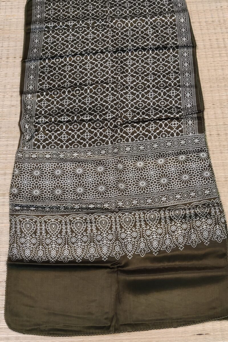 Dreamy Drapes - Olive Green Modal Silk Honeycomb Ajrakh Stole with White Spade Leaf Motifs - Image 7
