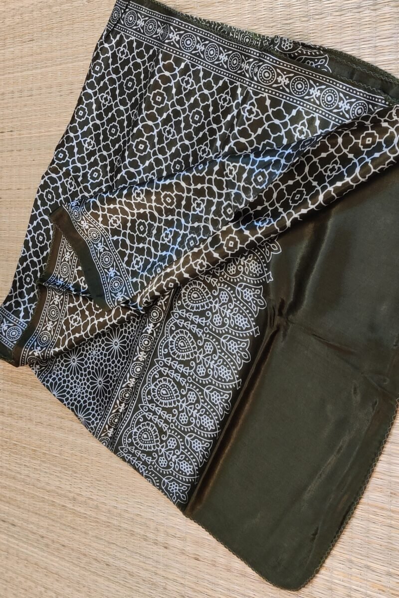 Dreamy Drapes - Olive Green Modal Silk Honeycomb Ajrakh Stole with White Spade Leaf Motifs - Image 8