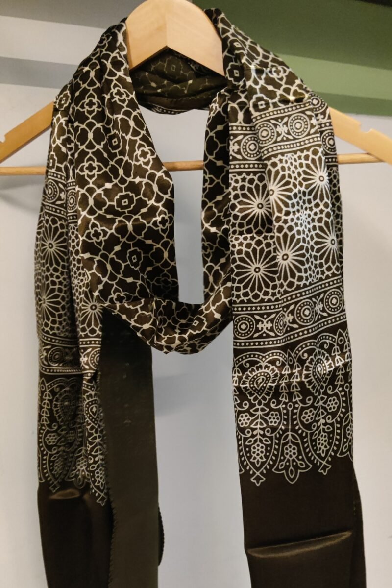 Dreamy Drapes - Olive Green Modal Silk Honeycomb Ajrakh Stole with White Spade Leaf Motifs