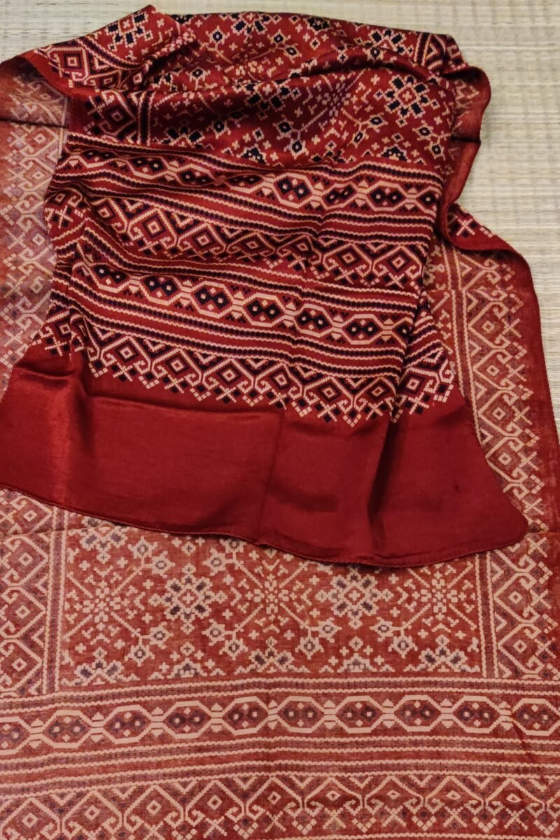 Dreamy Drapes - Red Modal Silk Diamond Ajrakh Stole with Cream & Black Geometric Motifs - Image 2
