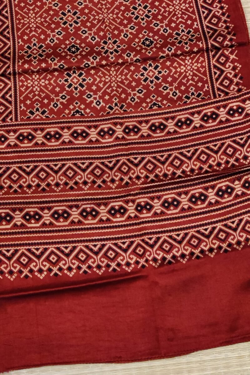 Dreamy Drapes - Red Modal Silk Diamond Ajrakh Stole with Cream & Black Geometric Motifs - Image 3