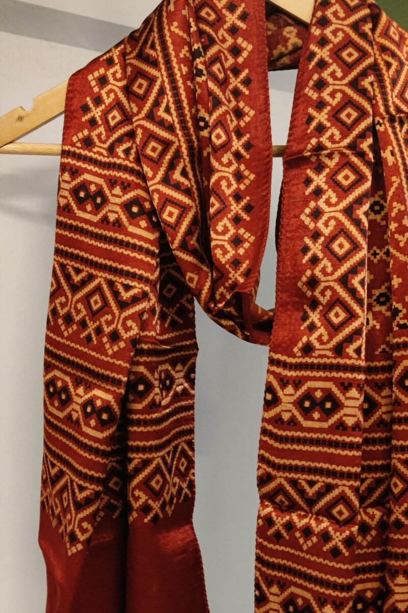 Dreamy Drapes - Red Modal Silk Diamond Ajrakh Stole with Cream & Black Geometric Motifs - Image 4
