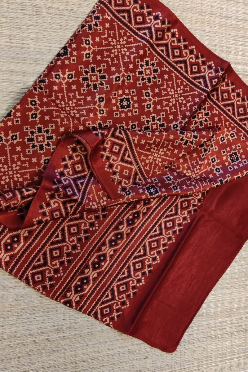 Dreamy Drapes - Red Modal Silk Diamond Ajrakh Stole with Cream & Black Geometric Motifs - Image 6