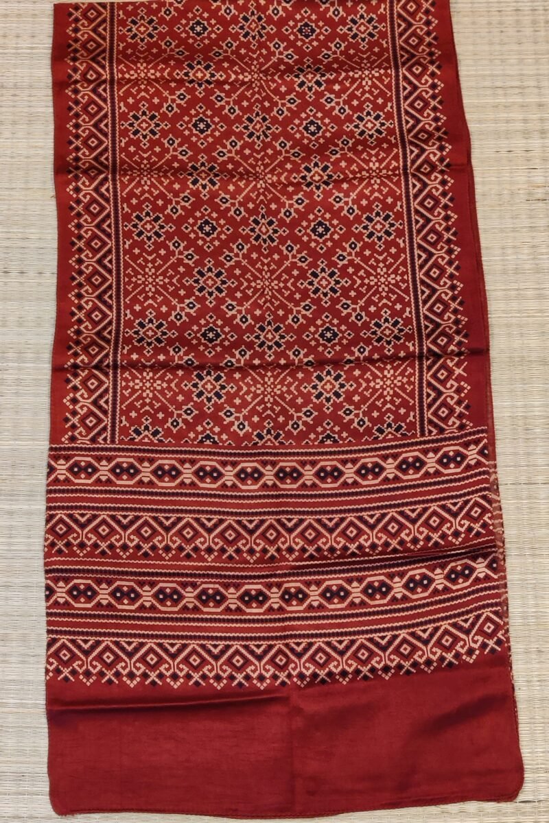 Dreamy Drapes - Red Modal Silk Diamond Ajrakh Stole with Cream & Black Geometric Motifs - Image 7