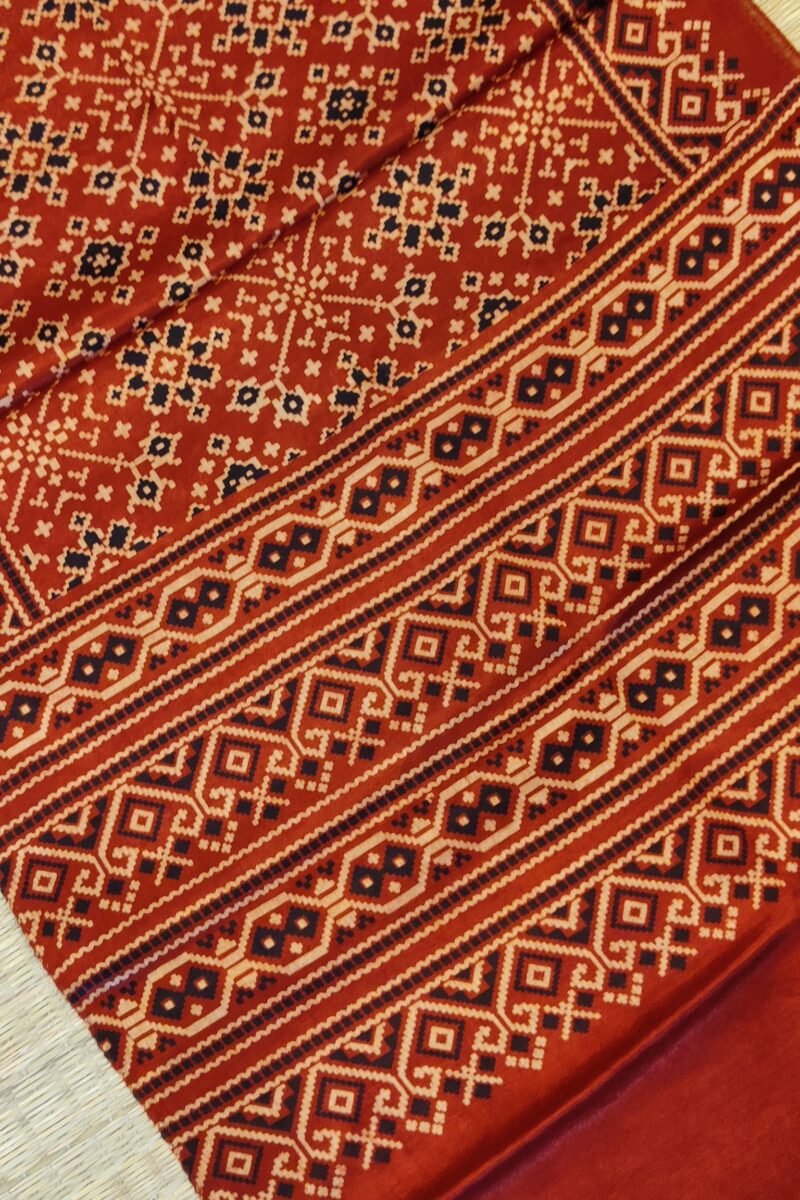 Dreamy Drapes - Red Modal Silk Diamond Ajrakh Stole with Cream & Black Geometric Motifs - Image 8