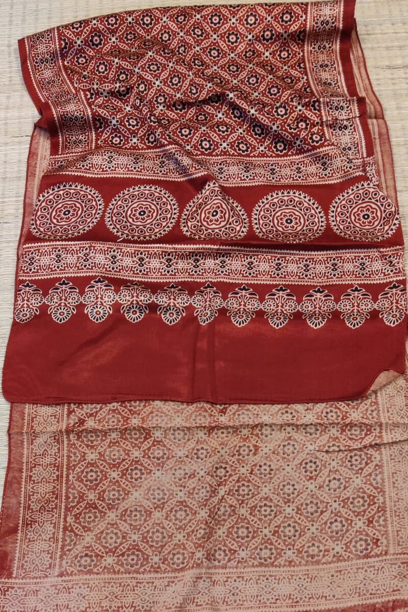 Dreamy Drapes - Maroon Modal Silk Jal-Motif Ajrakh Stole with Circular Accents & Triple-Flower Stems - Image 2