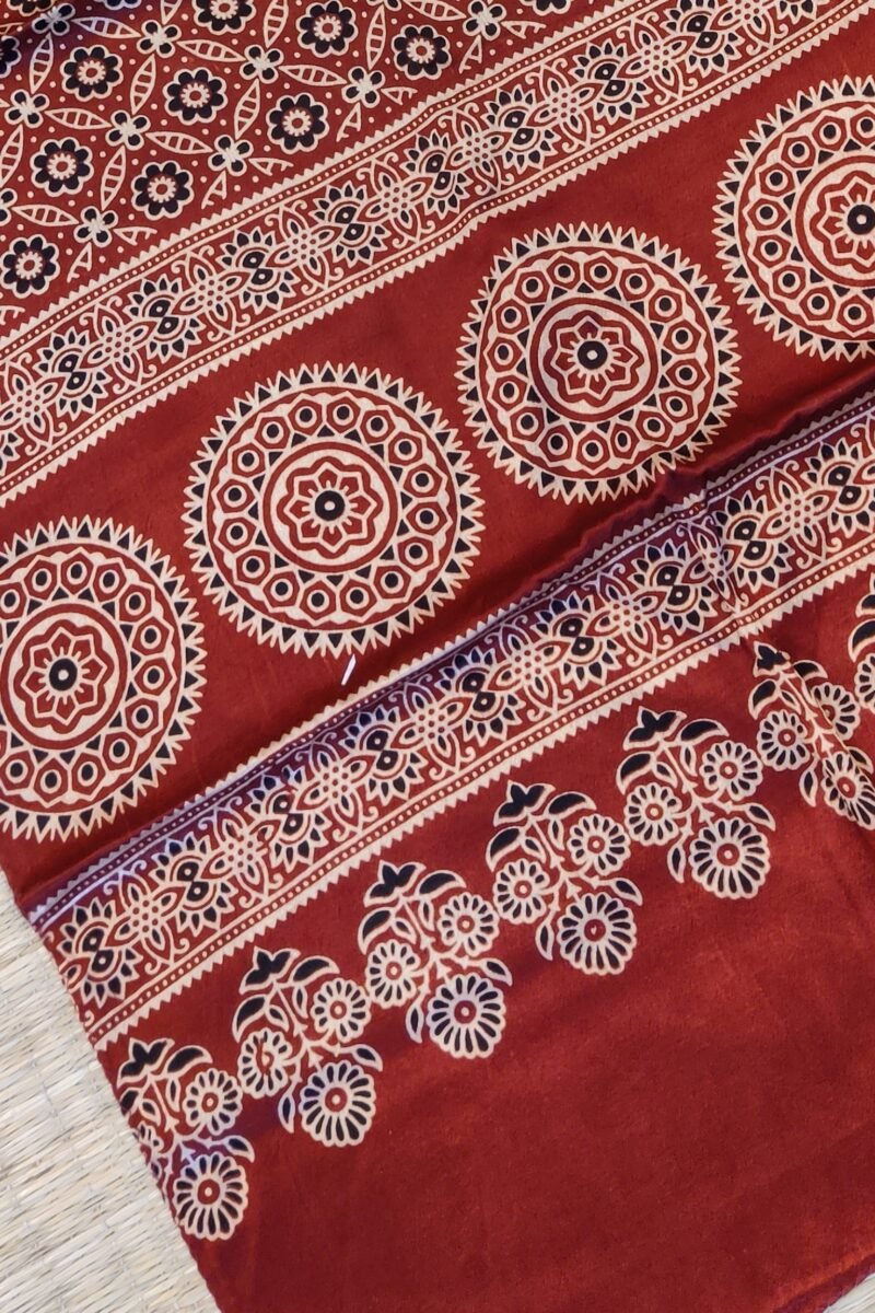 Dreamy Drapes - Maroon Modal Silk Jal-Motif Ajrakh Stole with Circular Accents & Triple-Flower Stems - Image 3