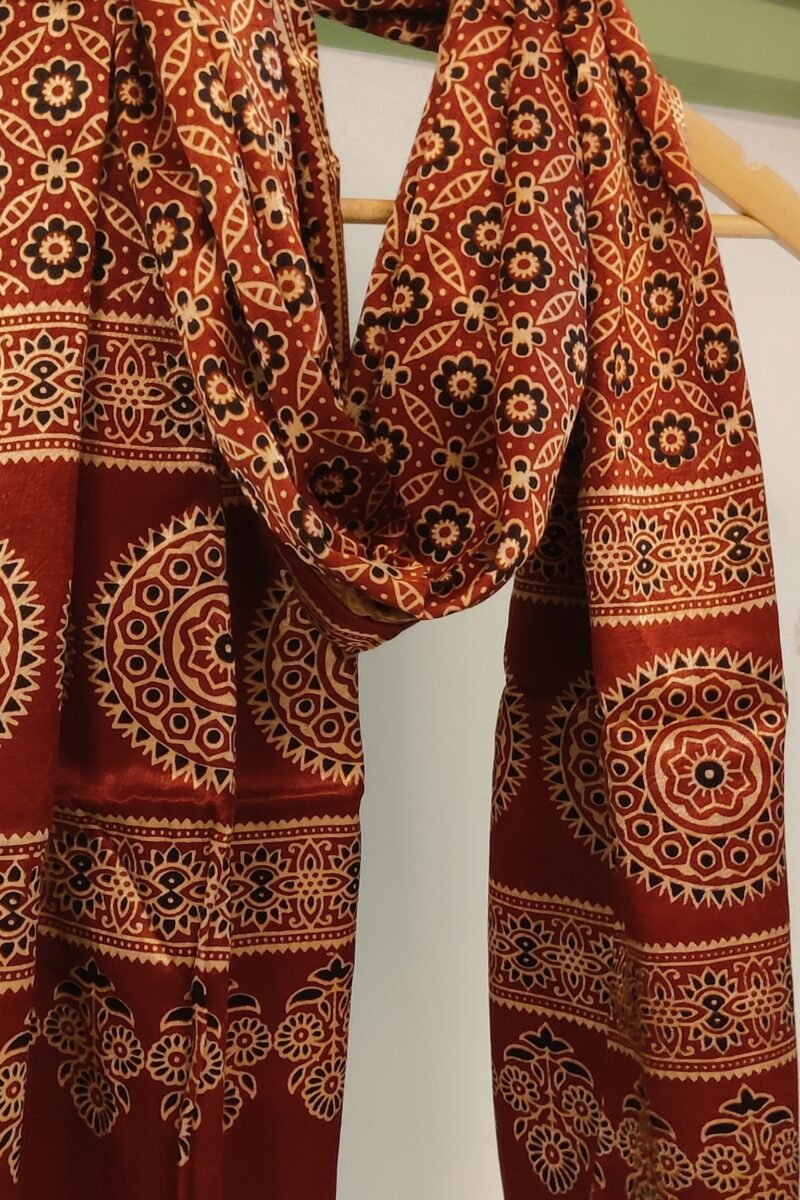Dreamy Drapes - Maroon Modal Silk Jal-Motif Ajrakh Stole with Circular Accents & Triple-Flower Stems - Image 4