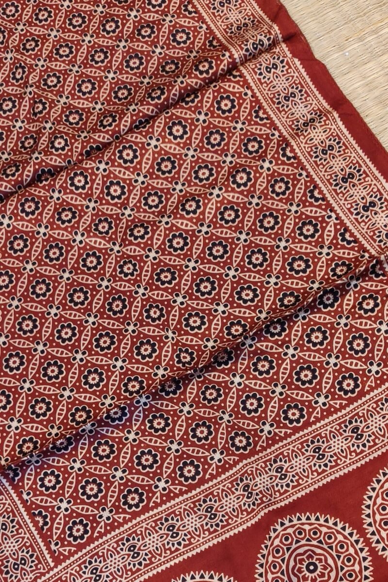 Dreamy Drapes - Maroon Modal Silk Jal-Motif Ajrakh Stole with Circular Accents & Triple-Flower Stems - Image 5