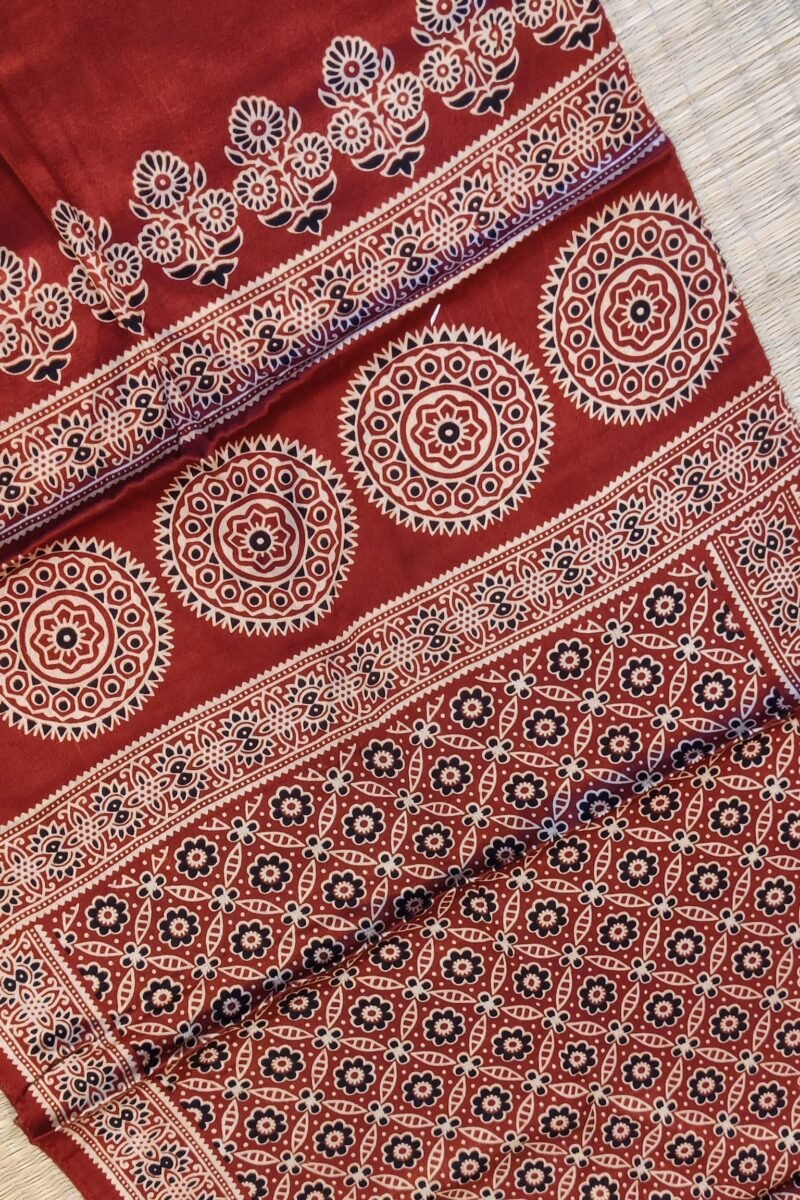 Dreamy Drapes - Maroon Modal Silk Jal-Motif Ajrakh Stole with Circular Accents & Triple-Flower Stems - Image 6