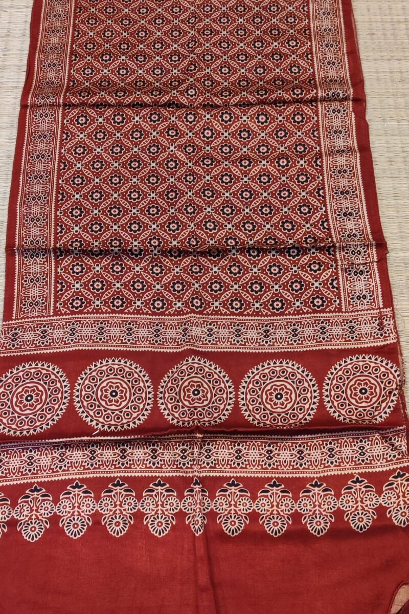 Dreamy Drapes - Maroon Modal Silk Jal-Motif Ajrakh Stole with Circular Accents & Triple-Flower Stems - Image 7