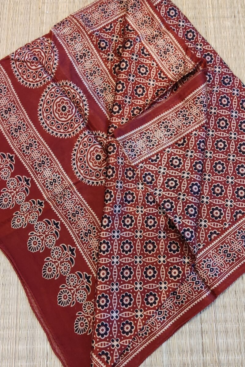 Dreamy Drapes - Maroon Modal Silk Jal-Motif Ajrakh Stole with Circular Accents & Triple-Flower Stems - Image 8