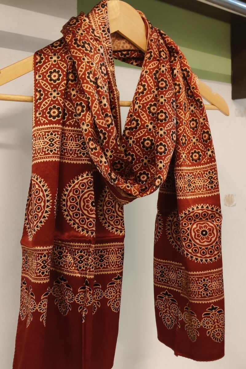 Dreamy Drapes - Maroon Modal Silk Jal-Motif Ajrakh Stole with Circular Accents & Triple-Flower Stems