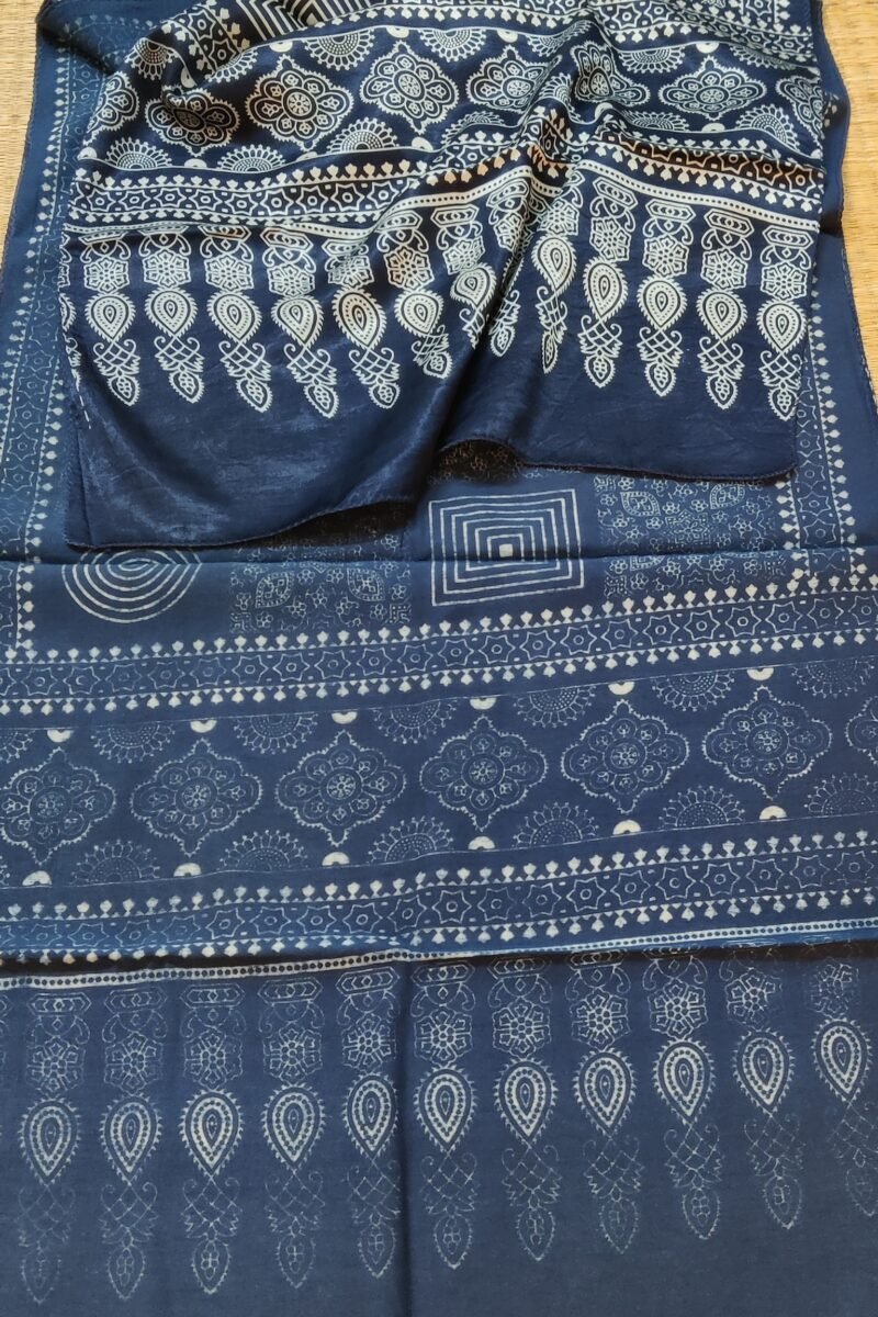 Dreamy Drapes - Indigo Blue Modal Silk Geometric Ajrakh Stole with Alternating Square Panels & Circular Motifs - Image 2