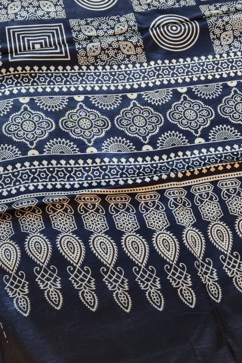 Dreamy Drapes - Indigo Blue Modal Silk Geometric Ajrakh Stole with Alternating Square Panels & Circular Motifs - Image 3