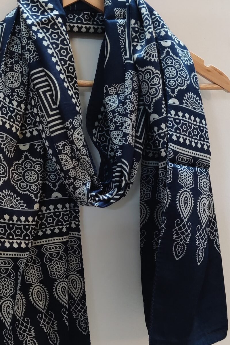 Dreamy Drapes - Indigo Blue Modal Silk Geometric Ajrakh Stole with Alternating Square Panels & Circular Motifs - Image 4