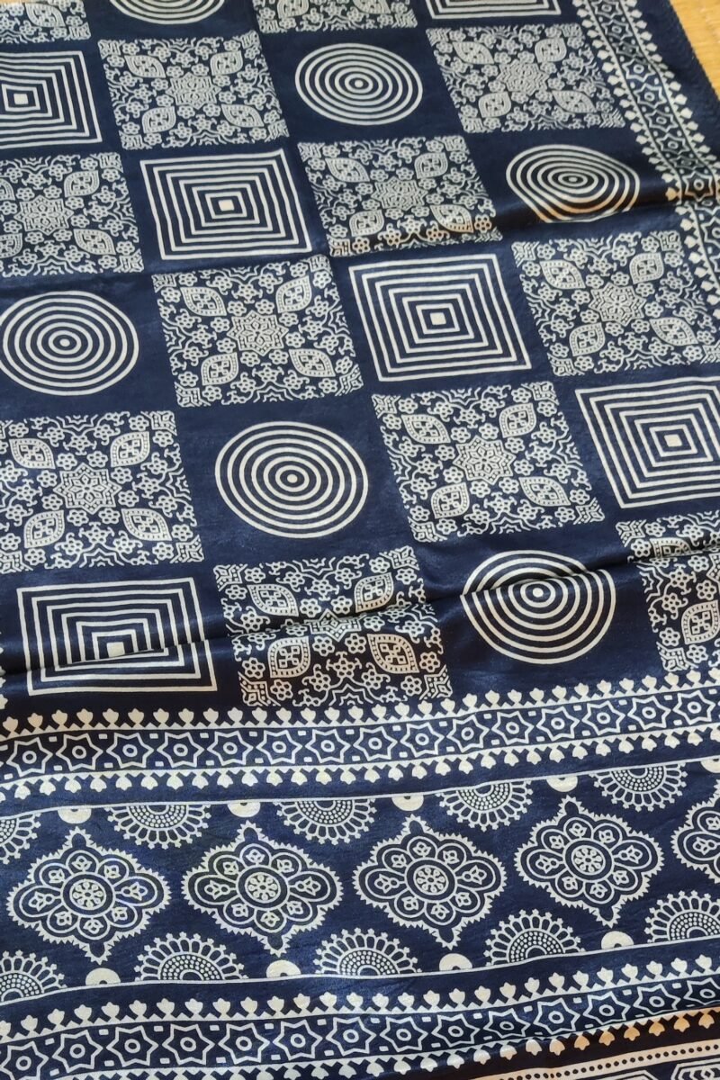 Dreamy Drapes - Indigo Blue Modal Silk Geometric Ajrakh Stole with Alternating Square Panels & Circular Motifs - Image 5