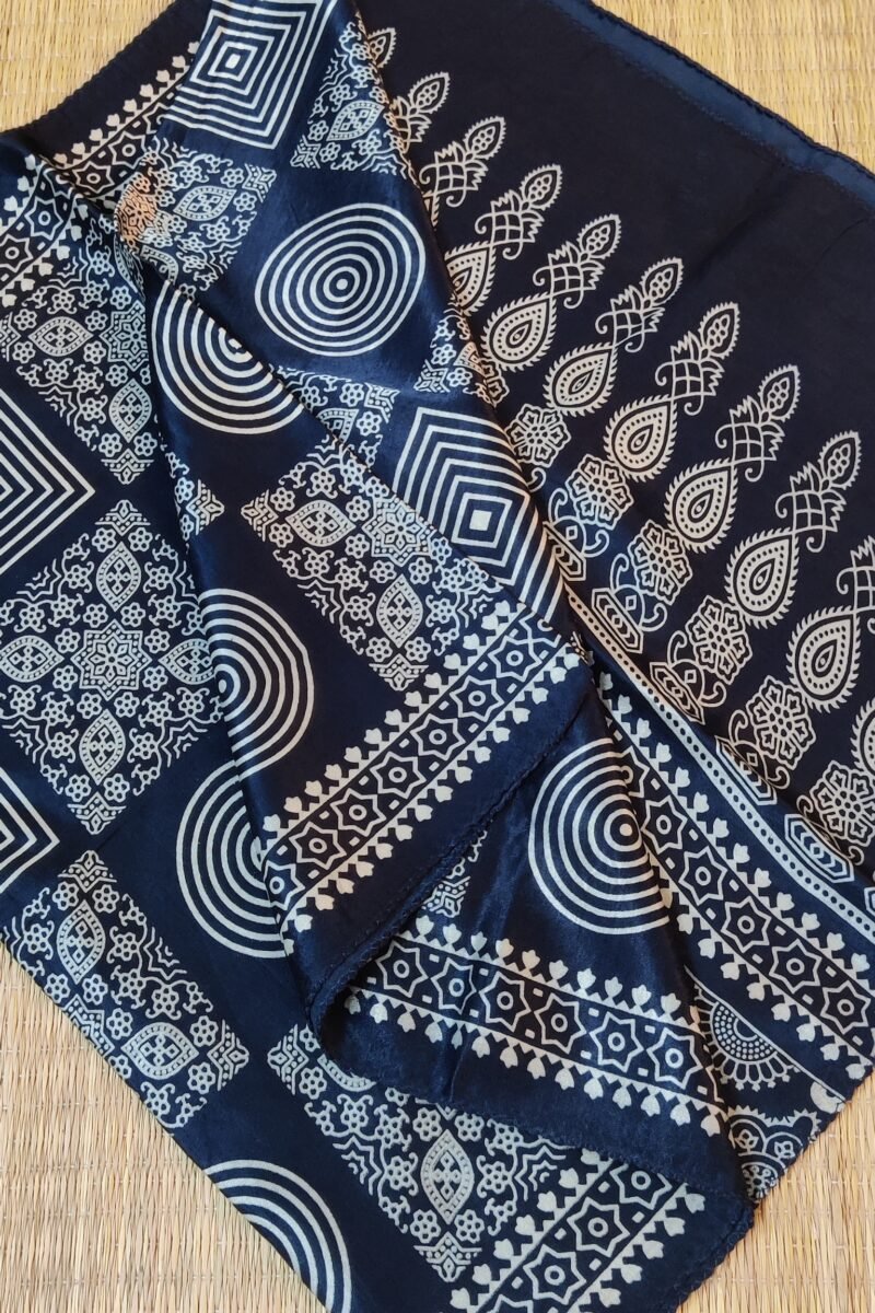 Dreamy Drapes - Indigo Blue Modal Silk Geometric Ajrakh Stole with Alternating Square Panels & Circular Motifs - Image 6