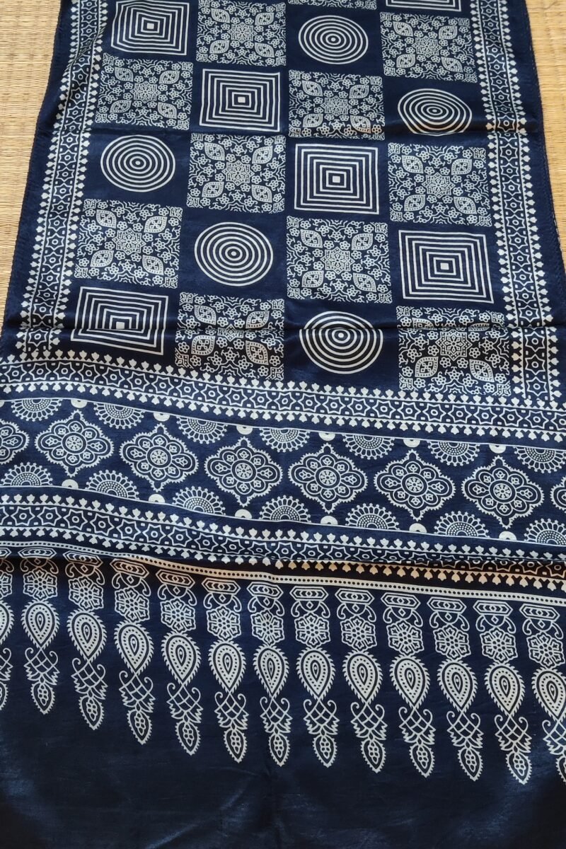 Dreamy Drapes - Indigo Blue Modal Silk Geometric Ajrakh Stole with Alternating Square Panels & Circular Motifs - Image 7