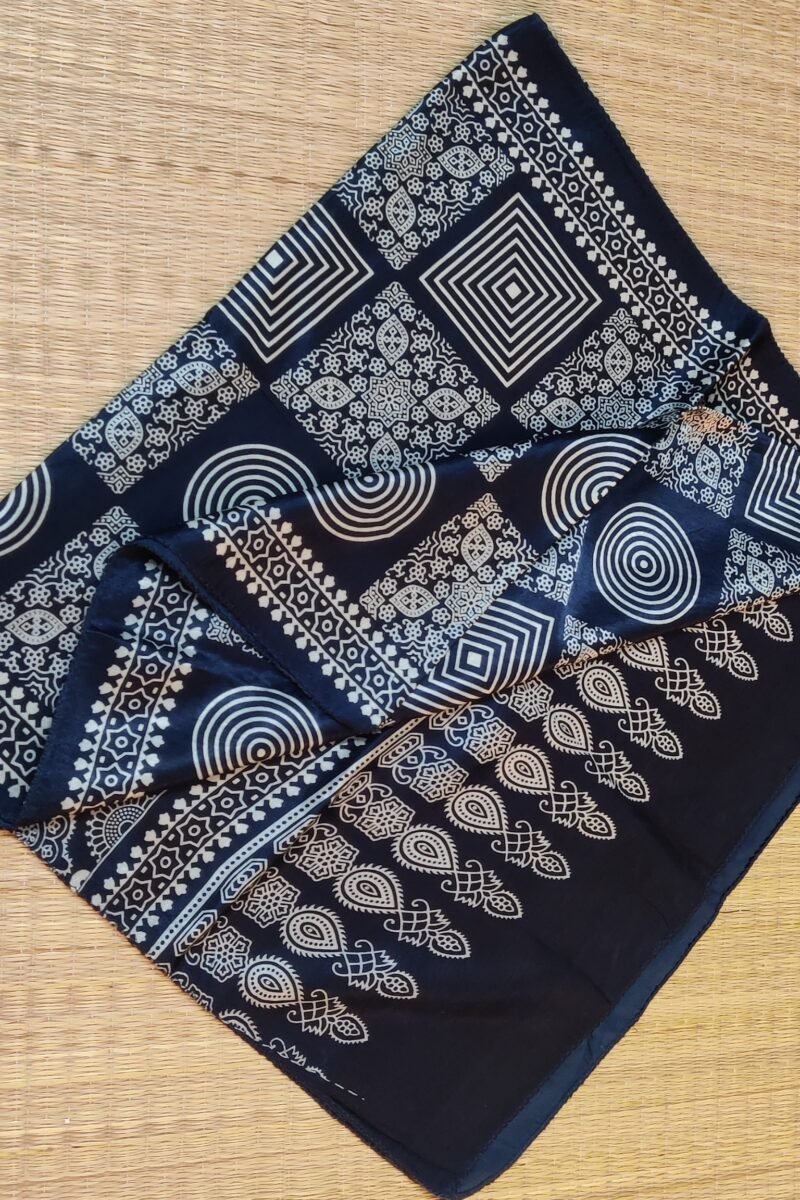 Dreamy Drapes - Indigo Blue Modal Silk Geometric Ajrakh Stole with Alternating Square Panels & Circular Motifs - Image 8