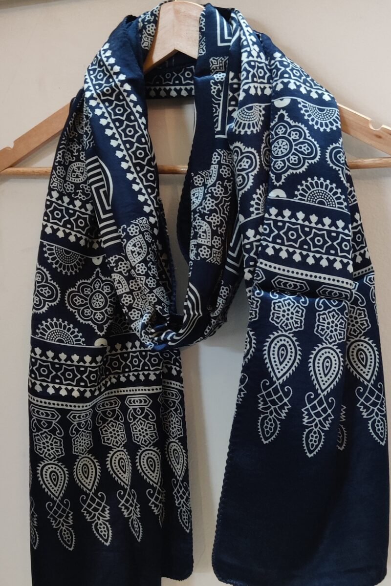 Dreamy Drapes - Indigo Blue Modal Silk Geometric Ajrakh Stole with Alternating Square Panels & Circular Motifs