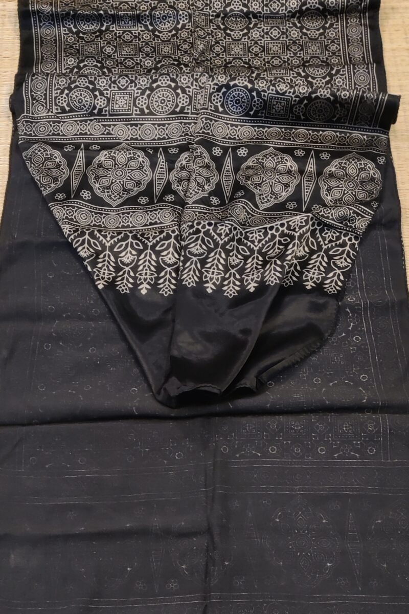 Dreamy Drapes - Black Modal Silk Geometric Ajrakh Stole with Circular & Box Motifs - Image 2