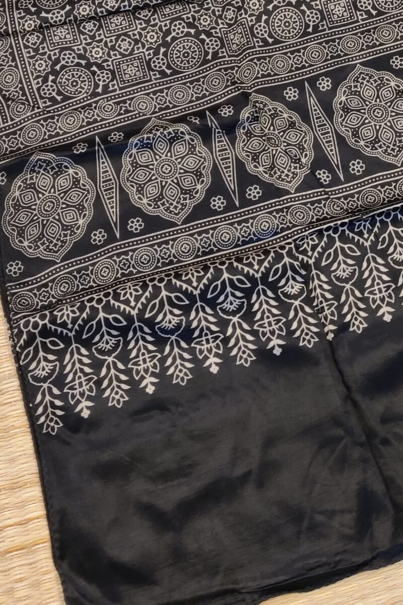 Dreamy Drapes - Black Modal Silk Geometric Ajrakh Stole with Circular & Box Motifs - Image 3
