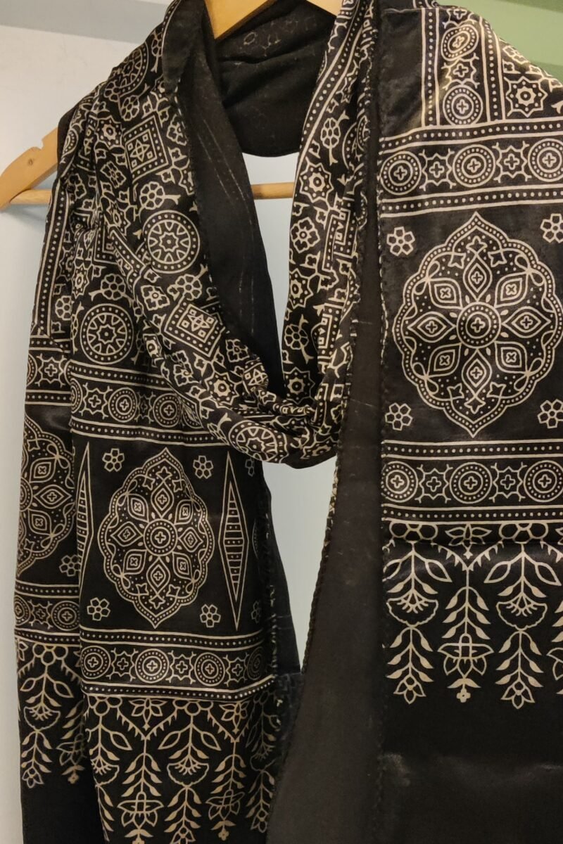 Dreamy Drapes - Black Modal Silk Geometric Ajrakh Stole with Circular & Box Motifs - Image 4