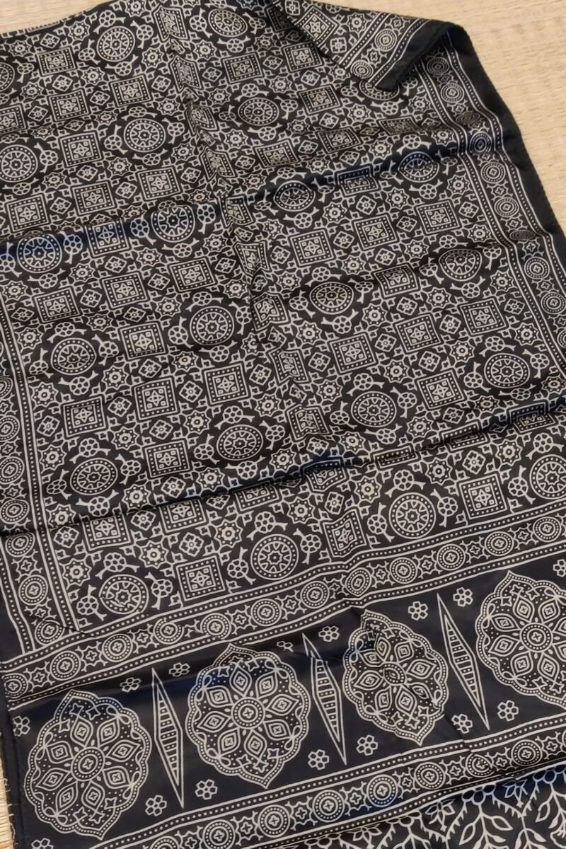 Dreamy Drapes - Black Modal Silk Geometric Ajrakh Stole with Circular & Box Motifs - Image 5