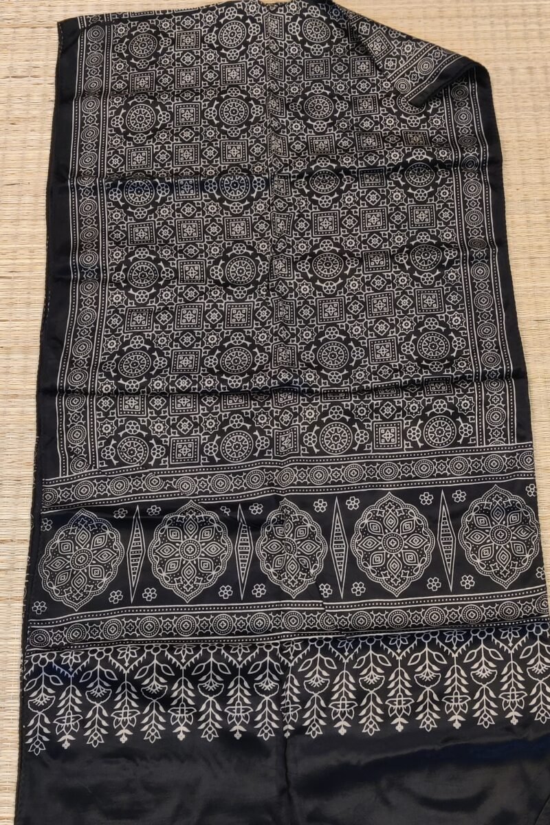 Dreamy Drapes - Black Modal Silk Geometric Ajrakh Stole with Circular & Box Motifs - Image 6