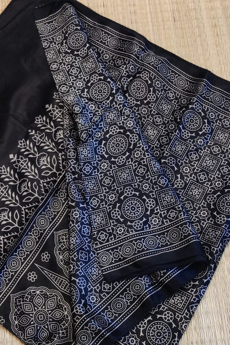 Dreamy Drapes - Black Modal Silk Geometric Ajrakh Stole with Circular & Box Motifs - Image 8