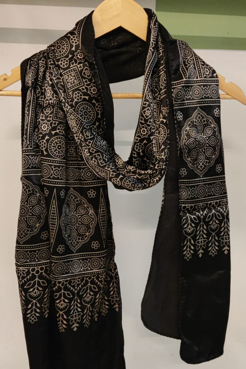 Dreamy Drapes - Black Modal Silk Geometric Ajrakh Stole with Circular & Box Motifs