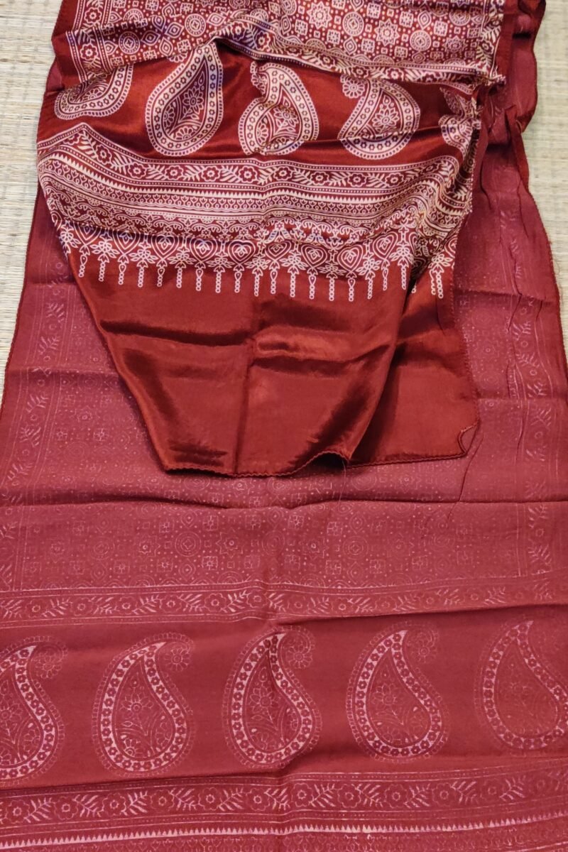 Dreamy Drapes - Maroon Modal Silk Floral Ajrakh Stole with Kairi Motifs & Polka Dots - Image 2