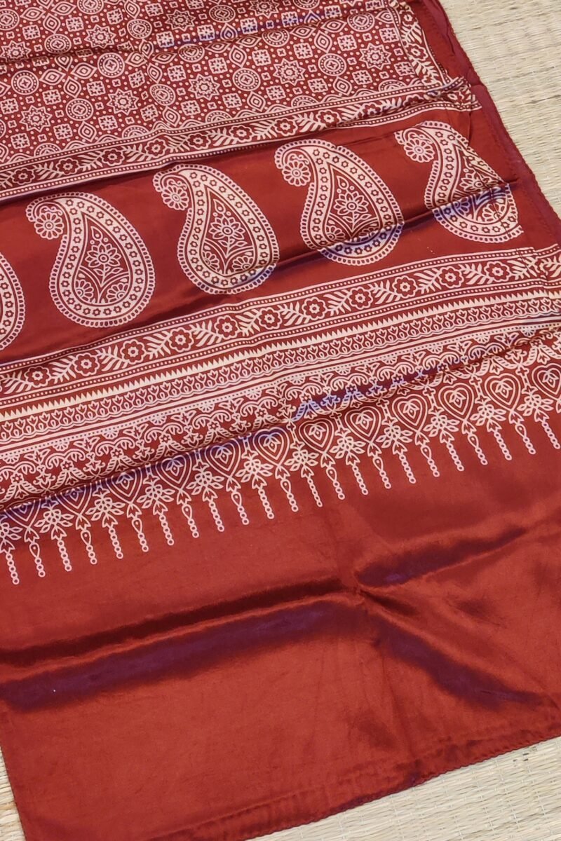 Dreamy Drapes - Maroon Modal Silk Floral Ajrakh Stole with Kairi Motifs & Polka Dots - Image 3