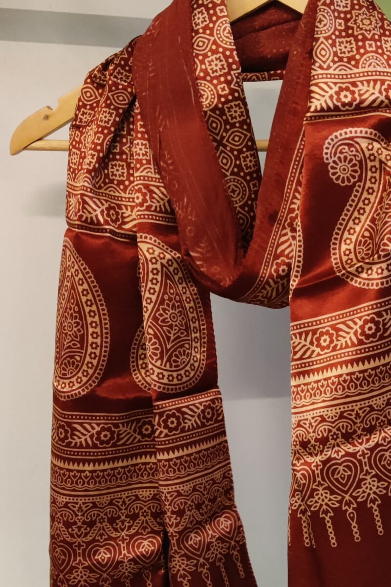 Dreamy Drapes - Maroon Modal Silk Floral Ajrakh Stole with Kairi Motifs & Polka Dots - Image 4